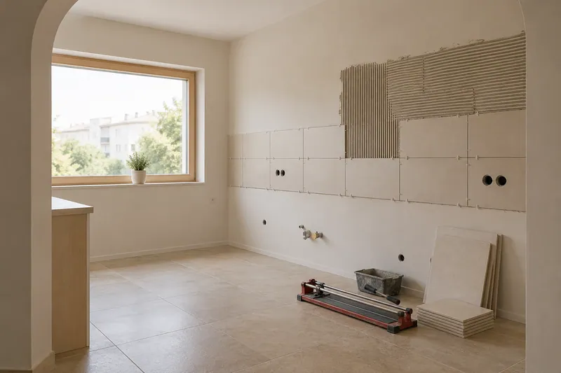 Visualización conceptual IA: Colocación de azulejos con separadores y adhesivo sobre una pared de cocina.
