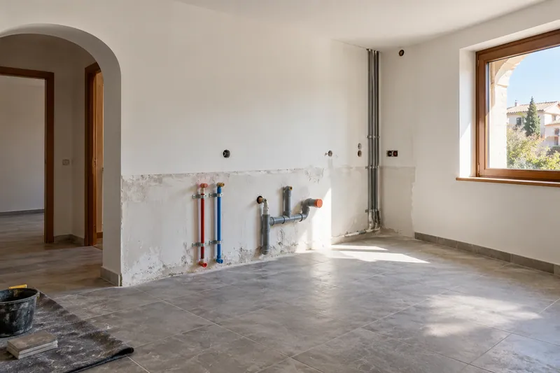 Visualización conceptual IA: Tuberías de suministro y desagüe durante la renovación de una cocina.