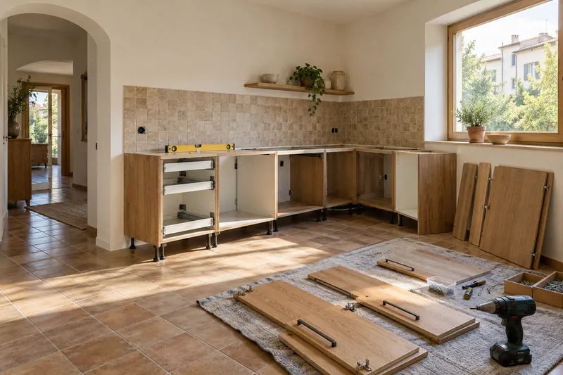 Visualización conceptual IA: Módulos de cocina en montaje con puertas pendientes de colocar.