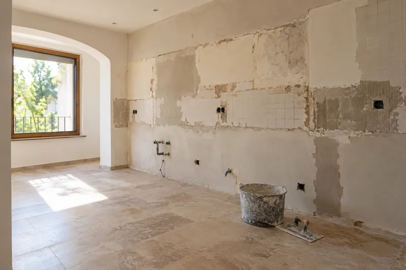 Visualización conceptual IA: Cocina sin muebles con paredes en preparación y zonas de enlucido.